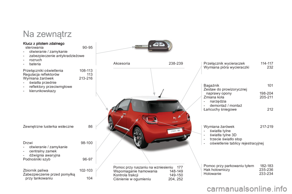 CITROEN DS3 2014 Instrukcja obsługi (in Polish) Na zewnątrz
sterowania 90-95
- otwieranie / zamykanie
- zabezpieczenie antykradzieżowe
- rozruch
- bateria
Przeł
ączniki oświetlenia 108 -113
Regulacja reflektorów 113
Wy CITROEN DS3 2014 Instrukcja obsługi (in Polish) Na zewnątrz
sterowania 90-95
- otwieranie / zamykanie
- zabezpieczenie antykradzieżowe
- rozruch
- bateria
Przeł
ączniki oświetlenia 108 -113
Regulacja reflektorów 113
Wy