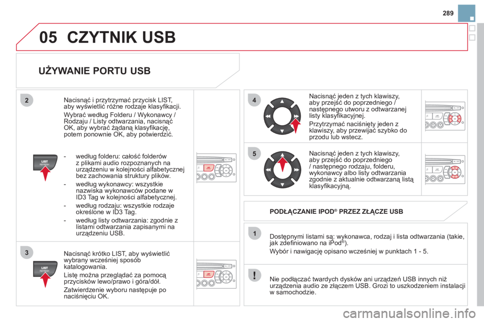 CITROEN DS3 2011  Instrukcja obsługi (in Polish) 05
42
3
1
5
289
CZYTNIK USB
   
UŻYWANIE PORTU USB 
 
 
Nacisnąć krótko LIST, aby wyświetlić
wybrany wcześniej spos