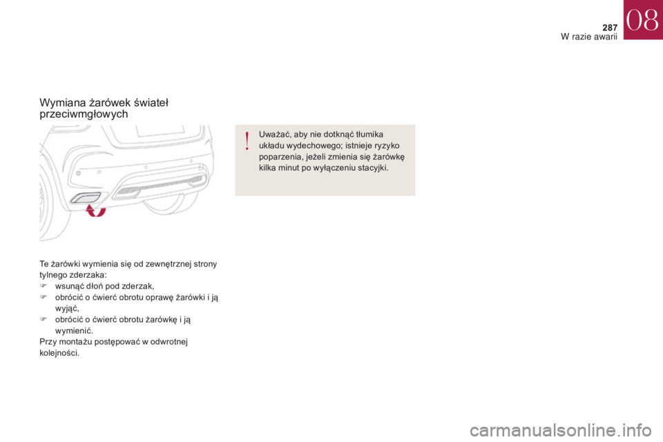 CITROEN DS4 2017  Instrukcja obsługi (in Polish) 287
DS4_pl_Chap08_en-cas-de-panne_ed01-2016
Te żarówki wymienia się od zewnętrznej strony 
tylnego zderzaka:
F 
w
 sunąć dłoń pod zderzak,
F
 
o
 brócić o   ćwierć obrotu oprawę żarówki
