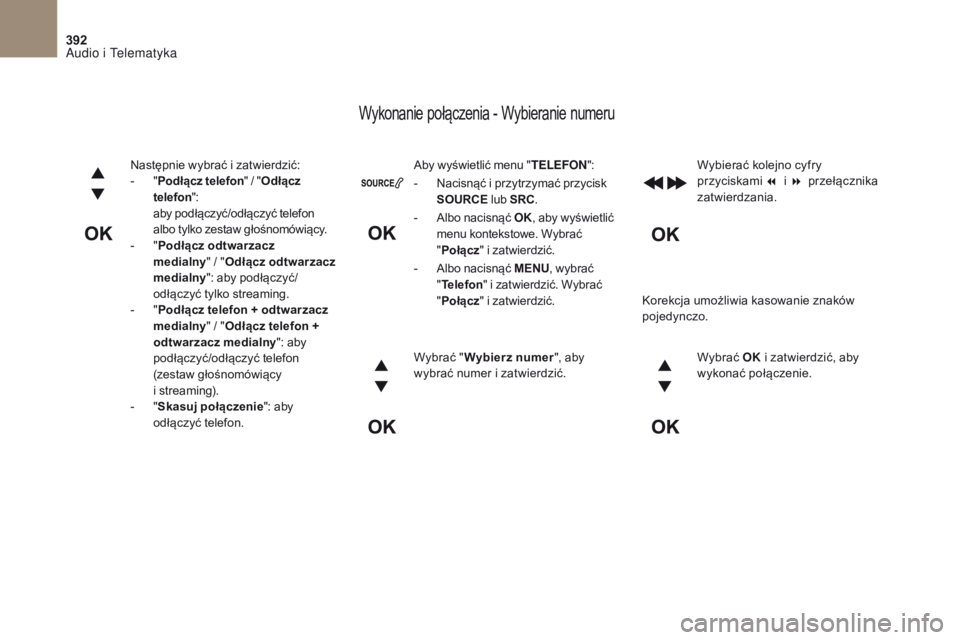CITROEN DS4 2017  Instrukcja obsługi (in Polish) 392
DS4_ pl _Chap10c _ RD5 _ed01-2016
Aby wyświetlić menu "TELEFON":
-  
N
 acisnąć i przytrzymać przycisk 
SOURCE  lub SRC.
-
 
A
 lbo nacisnąć OK , aby wyświetlić 
menu kontekstowe.
