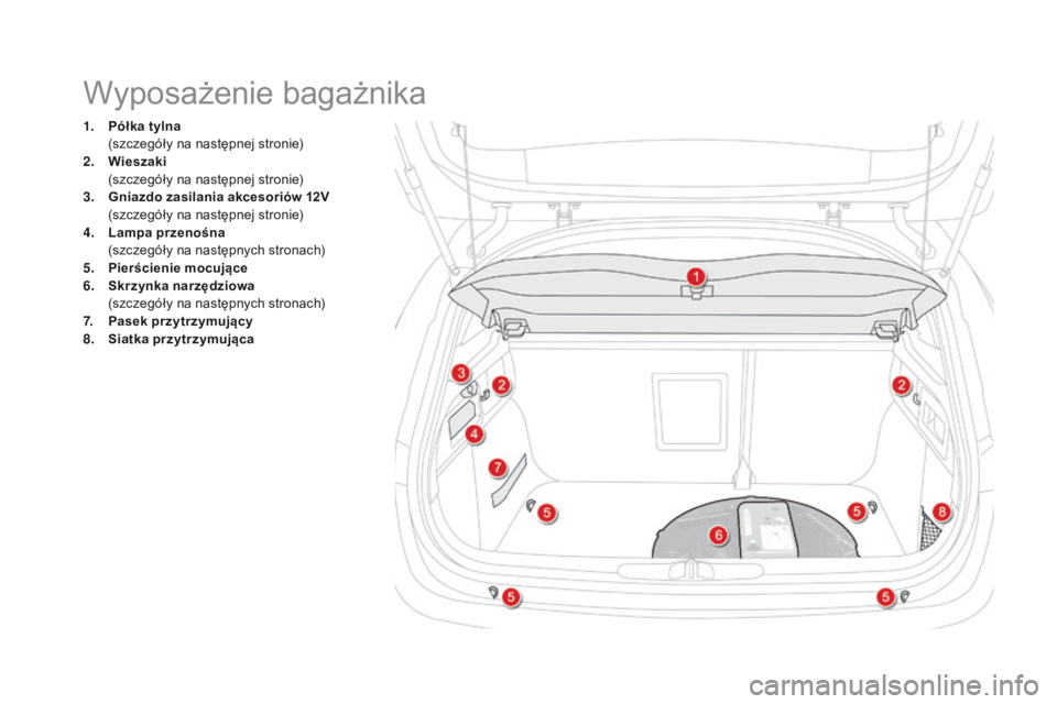 CITROEN DS4 2015  Instrukcja obsługi (in Polish) DS4_pl_Chap04_amenagement_ed02-2015
1. Półka tylna (szczegóły na następnej stronie)
2.
 W

ieszaki
 (

szczegóły na następnej stronie)
3.
 G

niazdo zasilania akcesoriów 12V
 
 
(
 szczegół