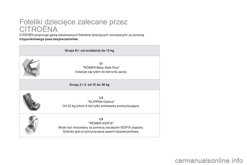 CITROEN DS4 2015  Instrukcja obsługi (in Polish) DS4_pl_Chap06_securite-enfants_ed02-2015
Foteliki dziecięce zalecane przez 
CITROËNA
CITROËN proponuje gamę atestowanych fotelików dziecięcych mocowanych za pomocą 
trzypunktowego pasa bezpiecz