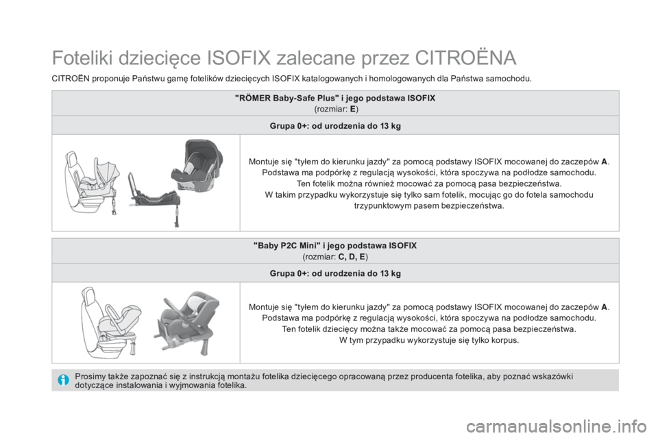 CITROEN DS4 2015 Instrukcja obsługi (in Polish) DS4_pl_Chap06_securite-enfants_ed02-2015
Foteliki dziecięce ISOFIX zalecane przez CITROËNA
Prosimy także zapoznać się z instrukcją montażu fotelika dziecięcego opracowaną przez producenta fot CITROEN DS4 2015 Instrukcja obsługi (in Polish) DS4_pl_Chap06_securite-enfants_ed02-2015
Foteliki dziecięce ISOFIX zalecane przez CITROËNA
Prosimy także zapoznać się z instrukcją montażu fotelika dziecięcego opracowaną przez producenta fot