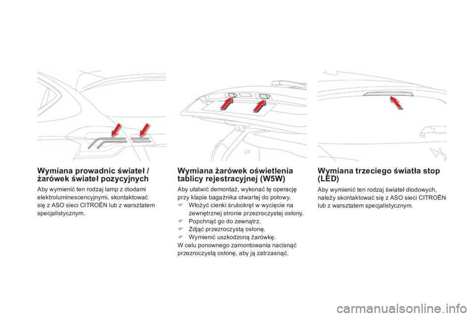 CITROEN DS4 2015  Instrukcja obsługi (in Polish) DS4_pl_Chap10_info-pratiques_ed02-2015
Wymiana prowadnic świateł / 
żarówek świateł pozycyjnychWymiana żarówek oświetlenia 
tablicy rejestracyjnej (W5W)Wymiana trzeciego światła stop 
(LED)