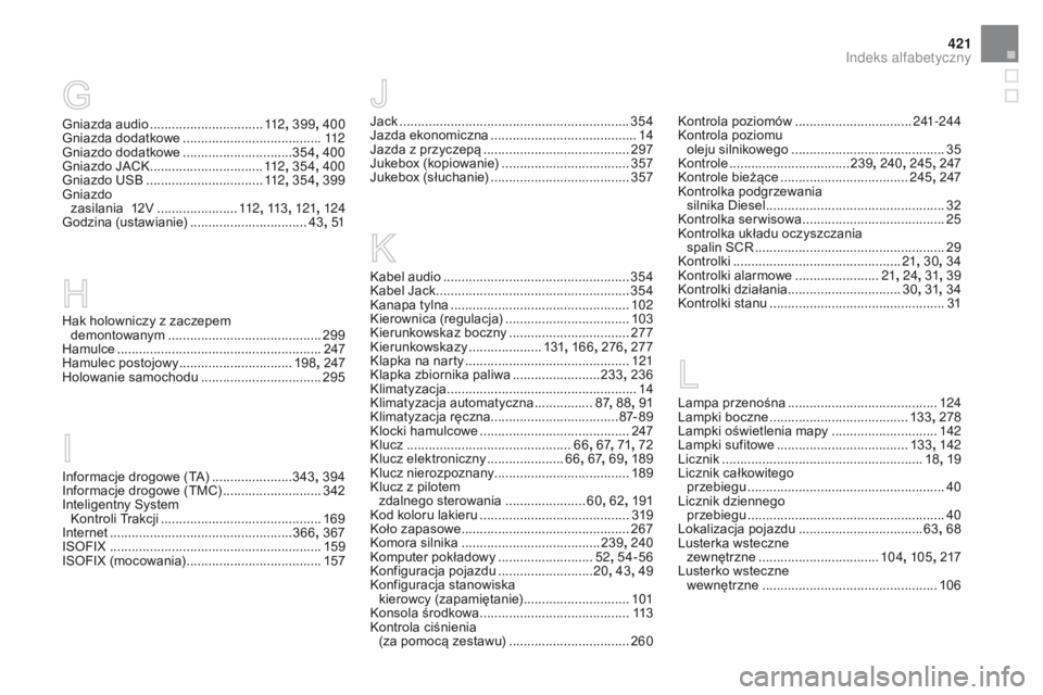 CITROEN DS4 2015 Instrukcja obsługi (in Polish) 421
DS4_pl_Chap13_index-alpha_ed02-2015
Gniazda audio ...............................11 2, 399 , 400
Gniazda dodatkowe ...................................... 11
2
Gniazdo dodatkowe
................. CITROEN DS4 2015 Instrukcja obsługi (in Polish) 421
DS4_pl_Chap13_index-alpha_ed02-2015
Gniazda audio ...............................11 2, 399 , 400
Gniazda dodatkowe ...................................... 11
2
Gniazdo dodatkowe
.................