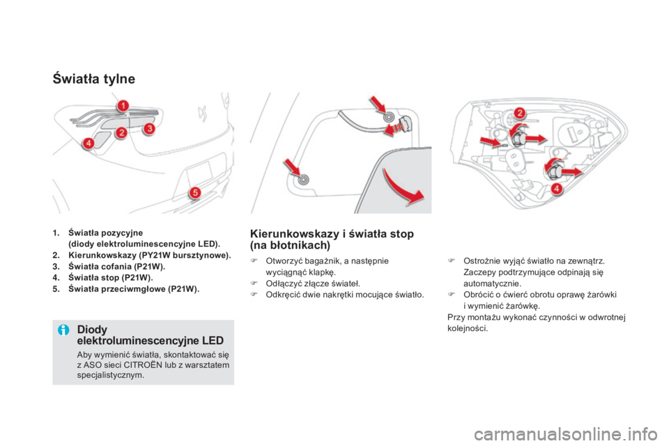 CITROEN DS5 2016  Instrukcja obsługi (in Polish) DS5_pl_Chap08_info-pratiques_ed02-2015
1. Światła pozycyjne 
   ( diody elektroluminescencyjne LED).
2.
 K

ierunkowskazy (PY21W bursztynowe).
3.
 Ś

wiatła cofania (P21W).
4.
 Ś

wiatła stop (P