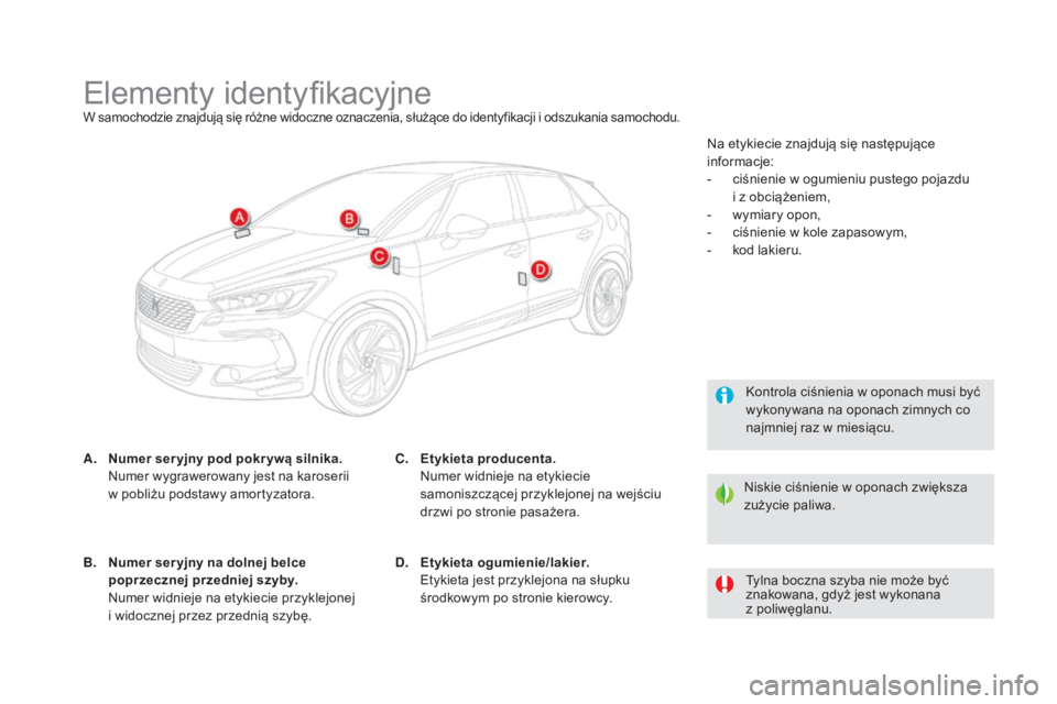 CITROEN DS5 2016  Instrukcja obsługi (in Polish) DS5_pl_Chap10_caracteristiques_ed02-2015
Elementy identyfikacyjneW samochodzie znajdują się różne widoczne oznaczenia, służące do identyfikacji i odszukania samochodu.
A. Numer ser yjny pod pok