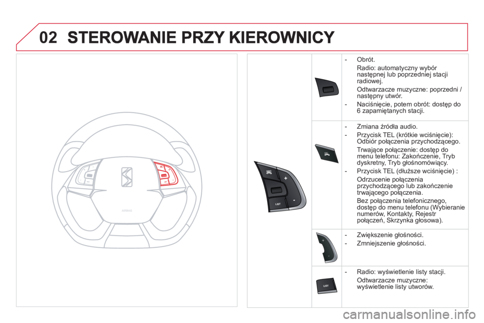 CITROEN DS5 2012  Instrukcja obsługi (in Polish) SRC

02


-
+
   
 
-  Obrót.  
 Radio: automat
yczny wybór 
następnej lub poprzedniej stacji 
radiowej.
 
Odtwarzacze muzyczne: poprzedni / 
następny utw