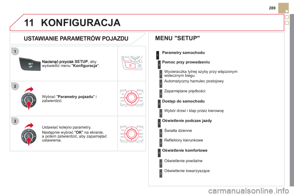 CITROEN DS5 2012  Instrukcja obsługi (in Polish) 1
2
3
11
289
SETUP  , abywyświetlić menu " Konfiguracja".
Ustawiać kolejno parametry. 
Nast
ępnie wybrać "OK" na ekranie,a potem zatwierdzić, aby zapamiętać ustawienia.  
  W
ybrać "Parametry