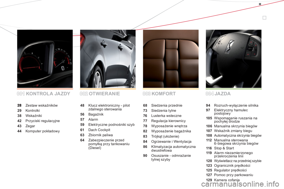 CITROEN DS5 2012  Instrukcja obsługi (in Polish) 001001002002003003004004 KOMFORT OTWIER ANIE KONTROL A JA ZDY JA ZDA
 Zestaw wskaźnik