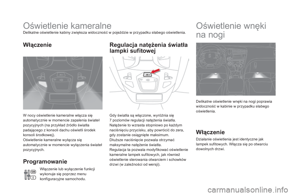 CITROEN DS5 HYBRID 2016  Instrukcja obsługi (in Polish) DS5_pl_Chap05_visibilite_ed02-2015
Oświetlenie kameralneDelikatne oświetlenie kabiny zwiększa widoczność w pojeździe w przypadku słabego oświetlenia.
W n ocy oświetlenie kameralne włącza si