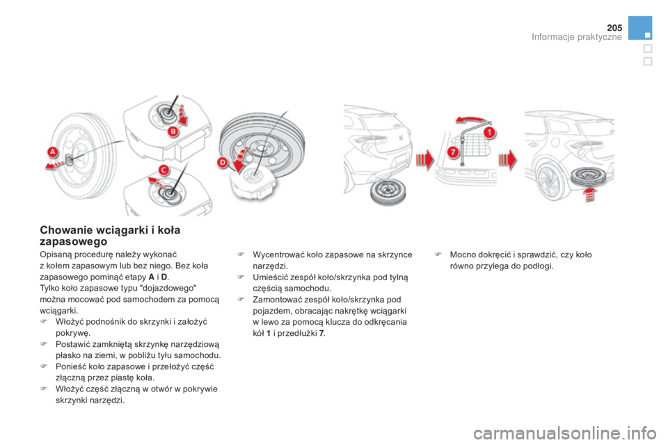 CITROEN DS5 HYBRID 2016  Instrukcja obsługi (in Polish) 205
DS5_pl_Chap08_info-pratiques_ed02-2015
Chowanie wciągarki i koła 
z apasowego
Opisaną procedurę należy wykonać 
z
  kołem zapasowym lub bez niego. Bez koła 
zapasowego pominąć etapy A i
