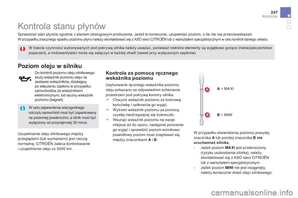 CITROEN DS5 HYBRID 2016  Instrukcja obsługi (in Polish) 247
DS5_pl_Chap09_verifications_ed02-2015
Kontrola stanu płynów
W trakcie czynności wykonywanych pod pokrywą silnika należy uważać, ponieważ niektóre elementy są wyjątkowo gorące (niebezpi