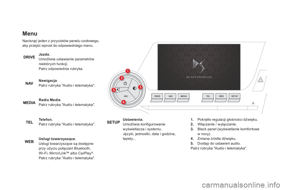 CITROEN DS5 HYBRID 2016  Instrukcja obsługi (in Polish) Menu
Nacisnąć jeden z przycisków panelu czołowego, 
a by przejść wprost do odpowiedniego menu.
Jazda.
Umożliwia ustawianie parametrów 
niektórych funkcji.
Patrz odpowiednia rubryka.
Nawigacja