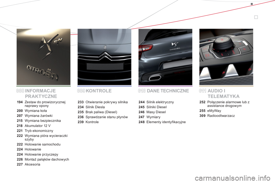 CITROEN DS5 HYBRID 2012  Instrukcja obsługi (in Polish) KONTROLE INFORMACJE 
PR AKTYCZNEDANE TECHNICZNE AUDIO I 
TELEMATYKA
194  Zestaw do prowizorycznejnaprawy opony
200 Wymiana koła
207 Wymiana żarówki
215Wymiana bezpiecznika
218 Akumulator 12V
221Try