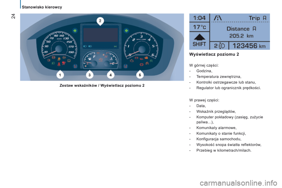 CITROEN JUMPER 2017  Instrukcja obsługi (in Polish)  24
Jumper_pl_Chap02_Pret-a-Partir_ed01-2016
Wyświetlacz poziomu 2
W górnej części:
- 
Godzina,
-

 
T
 emperatura zewnętrzna,
-
 
Kontrolki ostrzegawcze lub stanu,
-

 
Regulator lub ogranicznik