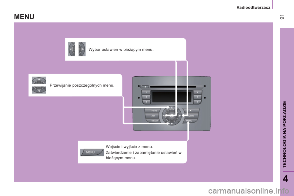 CITROEN JUMPER 2013  Instrukcja obsługi (in Polish) Radioodtwarzacz
91
4
TECHNOLOGIA NA POKŁADZI
E
 
 
Wejście i wyjście z menu. 
  Zatwierdzenie i zapamiętanie ustawień w 
bieżącym menu.  
     
Przewijanie poszczególnych menu.      
 
Wybór 