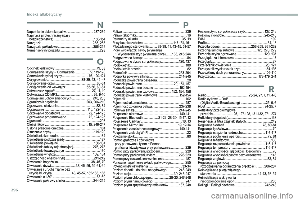 CITROEN JUMPER SPACETOURER 2018 Instrukcja obsługi (in Polish) 296
N
O
Napełnianie zbiornika paliwa ..............................23 7-239
Napinacz pirotechniczny (pasy bezpieczeństwa)
................................................ 15
0 -151
Narzędzia
.. CITROEN JUMPER SPACETOURER 2018 Instrukcja obsługi (in Polish) 296
N
O
Napełnianie zbiornika paliwa ..............................23 7-239
Napinacz pirotechniczny (pasy bezpieczeństwa)
................................................ 15
0 -151
Narzędzia
..