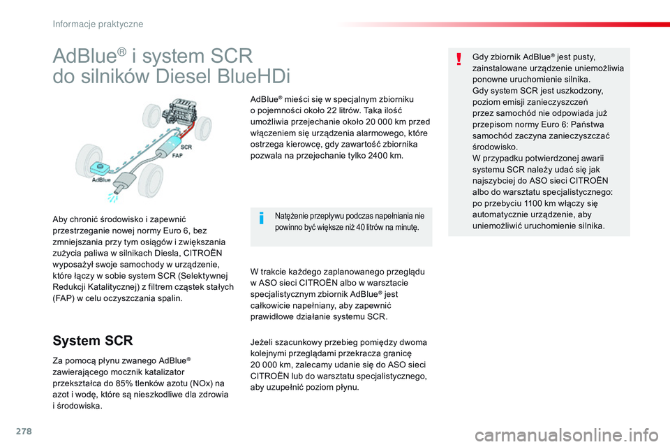 CITROEN JUMPER SPACETOURER 2017  Instrukcja obsługi (in Polish) 278
Spacetourer-VP_pl_Chap07_info-pratiques_ed01-2016
AdBlue® i system SCR
do silników Diesel BlueHDi
Aby chronić środowisko i zapewnić 
przestrzeganie nowej normy Euro 6, bez 
zmniejszania przy 