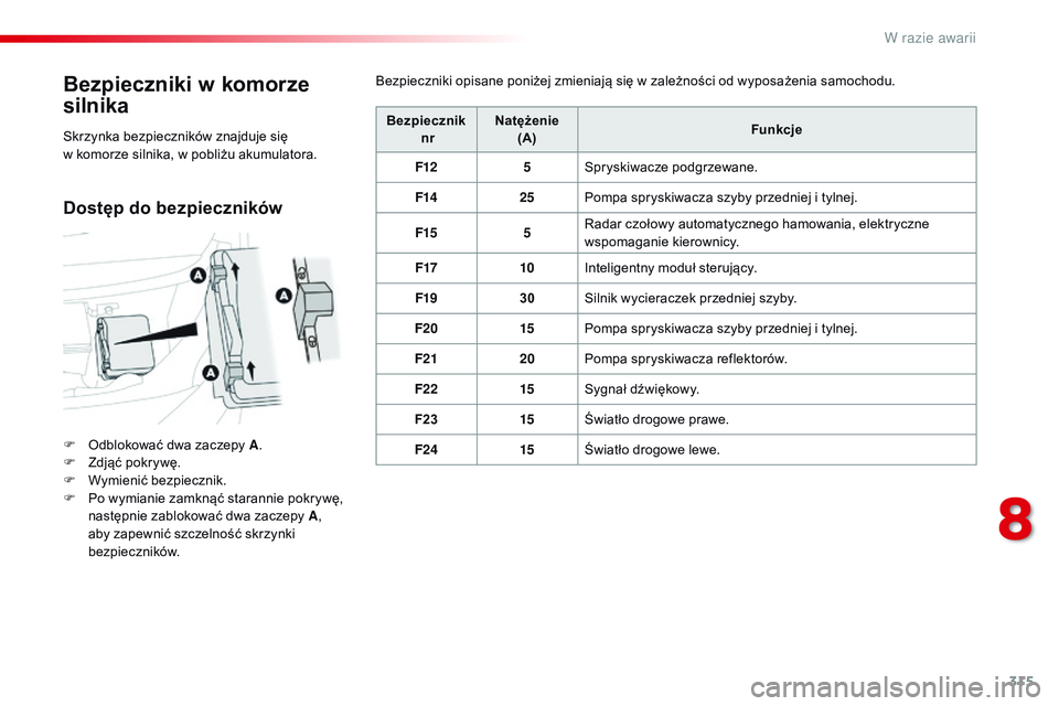 CITROEN JUMPER SPACETOURER 2017  Instrukcja obsługi (in Polish) 315
Spacetourer-VP_pl_Chap08_En-cas-de-panne_ed01-2016
Bezpieczniki w komorze 
silnika
F Odblokować dwa zaczepy A .
F  Z djąć pokrywę.
F
 
W
 ymienić bezpiecznik.
F
 
P
 o wymianie zamknąć star