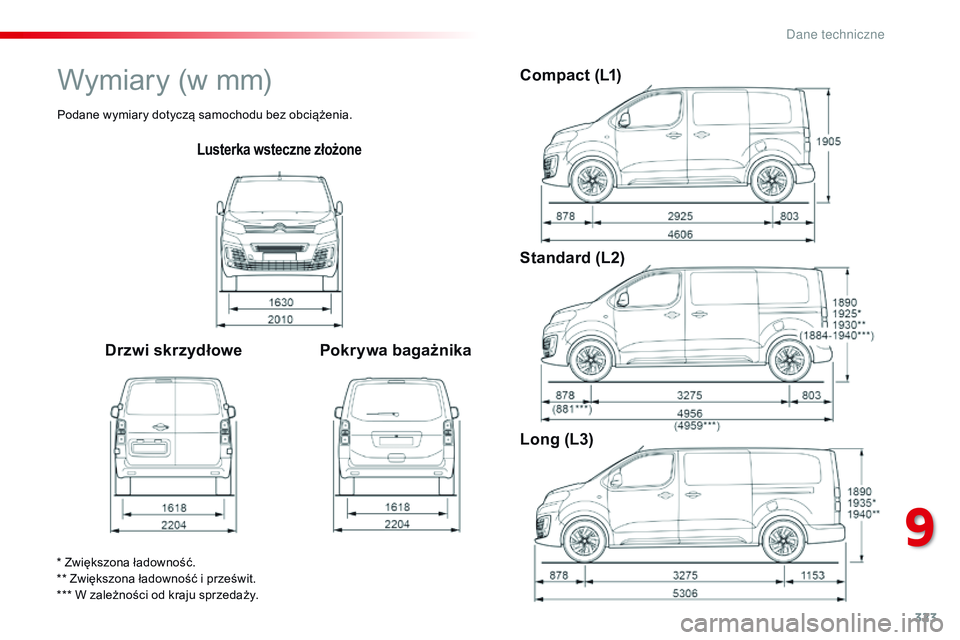 CITROEN JUMPER SPACETOURER 2017  Instrukcja obsługi (in Polish) 323
Spacetourer-VP_pl_Chap09_caracteristiques-techniques_ed01-2016
Lusterka wsteczne złożone
Drzwi skrzydłowe Pokrywa bagażnikaCompact (L1)
Standard (L2)
Long (L3)
* Zwiększona ładowność.
** Z
