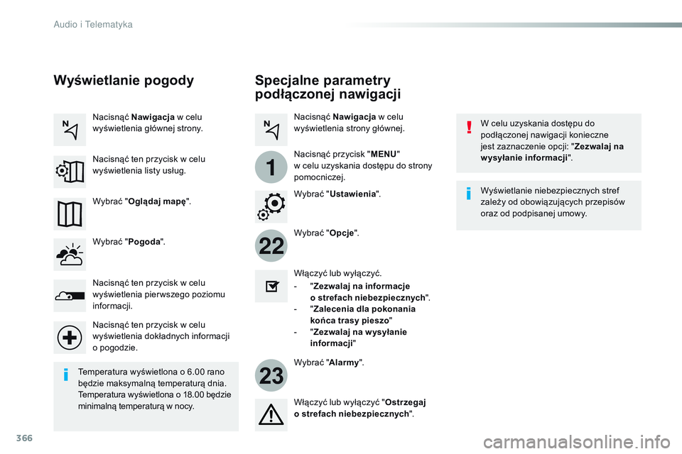 CITROEN JUMPER SPACETOURER 2017 Instrukcja obsługi (in Polish) 366
22
23
1
Spacetourer-VP_pl_Chap10b_NAC-1_ed01-2016
Specjalne parametry
podłączonej nawigacji
W celu uzyskania dostępu do
podłączonej nawigacji konieczne
jest zaznaczenie opcji: "Zezwala CITROEN JUMPER SPACETOURER 2017 Instrukcja obsługi (in Polish) 366
22
23
1
Spacetourer-VP_pl_Chap10b_NAC-1_ed01-2016
Specjalne parametry
podłączonej nawigacji
W celu uzyskania dostępu do
podłączonej nawigacji konieczne
jest zaznaczenie opcji: "Zezwala