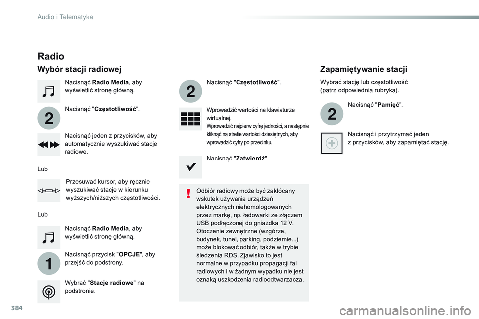 CITROEN JUMPER SPACETOURER 2017  Instrukcja obsługi (in Polish) 384
1
2
2
2
Spacetourer-VP_pl_Chap10b_NAC-1_ed01-2016
Nacisnąć Radio Media , aby 
wyświetlić stronę główną.
Nacisnąć przycisk " OPCJE", aby 
przejść do podstrony. Nacisnąć " 