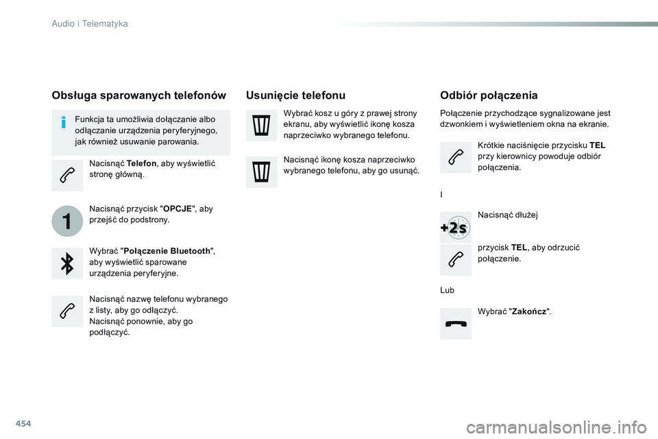 CITROEN JUMPER SPACETOURER 2017  Instrukcja obsługi (in Polish) 454
1
Spacetourer-VP_pl_Chap10c_RCC-1_ed01-2016
Odbiór połączenia
Połączenie przychodzące sygnalizowane jest 
dzwonkiem i  wyświetleniem okna na ekranie.
Krótkie naciśnięcie przycisku TEL  
