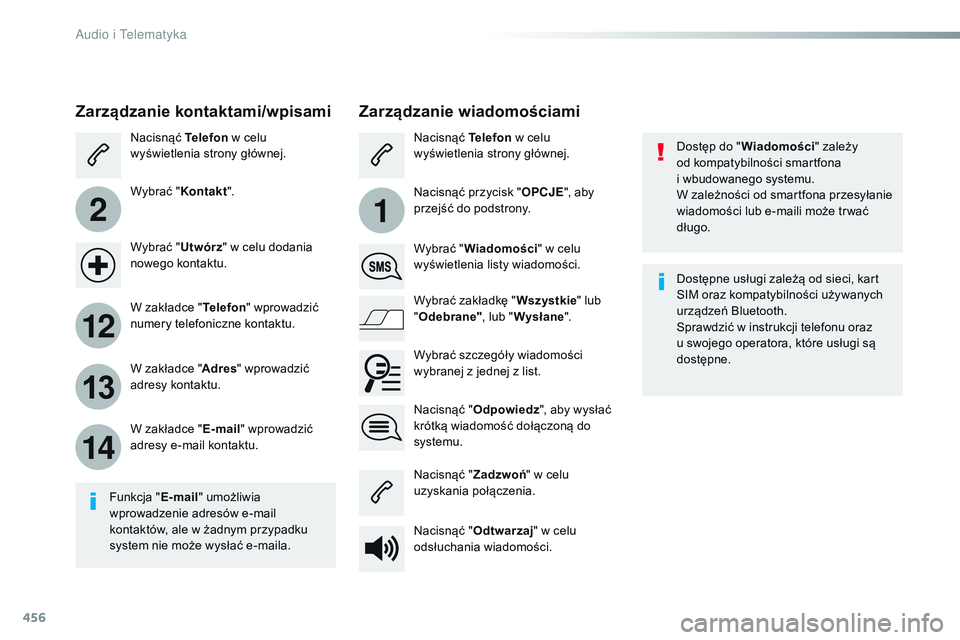 CITROEN JUMPER SPACETOURER 2017  Instrukcja obsługi (in Polish) 456
2
12
13
14
1
Spacetourer-VP_pl_Chap10c_RCC-1_ed01-2016
Dostęp do "Wiadomości" zależy  
od kompatybilności smartfona  
i wbudowanego systemu.
W zależności od smartfona przesyłanie 
w