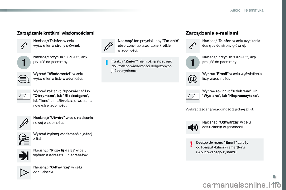 CITROEN JUMPER SPACETOURER 2017  Instrukcja obsługi (in Polish) 457
11
Spacetourer-VP_pl_Chap10c_RCC-1_ed01-2016
Zarządzanie e-mailami
Nacisnąć ten przycisk, aby "Zmienić" 
utworzony lub utworzone krótkie 
wiadomości. Nacisnąć 
Telefon w celu uzysk