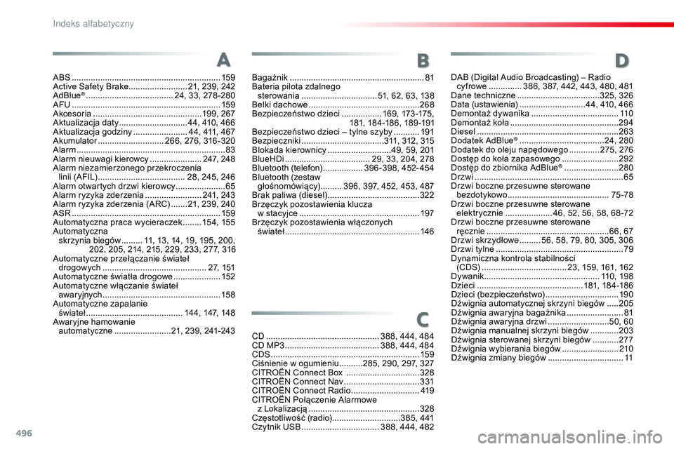 CITROEN JUMPER SPACETOURER 2017  Instrukcja obsługi (in Polish) 496
Spacetourer-VP_pl_Chap11_index-alpha_ed01-2016
ABS ...............................................................159
Active Safety Brake......................... 21, 239, 242
AdBlue
® ..........