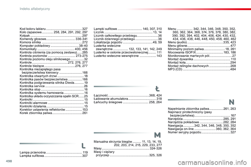 CITROEN JUMPER SPACETOURER 2017  Instrukcja obsługi (in Polish) 498
Spacetourer-VP_pl_Chap11_index-alpha_ed01-2016
Menu .................. 342, 344, 346, 348, 350, 352,
360, 362, 364, 368, 374, 376, 378, 380, 382, 
390, 392, 394, 402, 404, 406, 424, 430, 432,  434