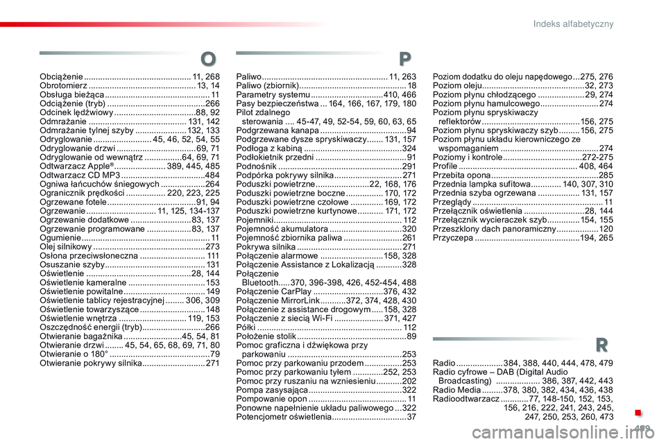 CITROEN JUMPER SPACETOURER 2017  Instrukcja obsługi (in Polish) 499
Spacetourer-VP_pl_Chap11_index-alpha_ed01-2016
Obciążenie .............................................. 11, 268
Obrotomierz ............................... ............... 13, 14
Obsługa bież