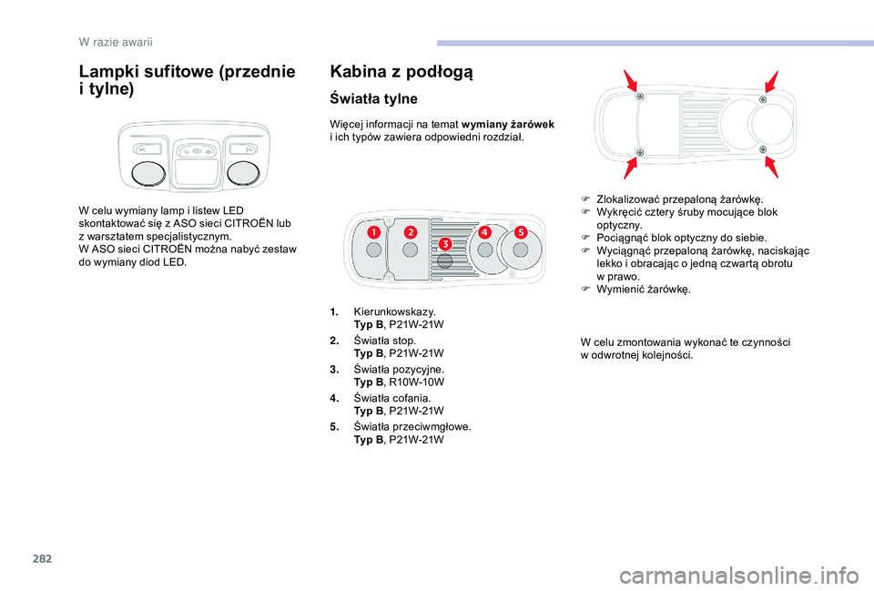 CITROEN JUMPER DISPATCH 2018  Instrukcja obsługi (in Polish) 282
W celu wymiany lamp i listew LED 
s kontaktować się z   ASO sieci CITROËN lub 
z
  warsztatem specjalistycznym.
W ASO sieci CITROËN można nabyć zestaw 
do wymiany diod LED.
Kabina z podłog