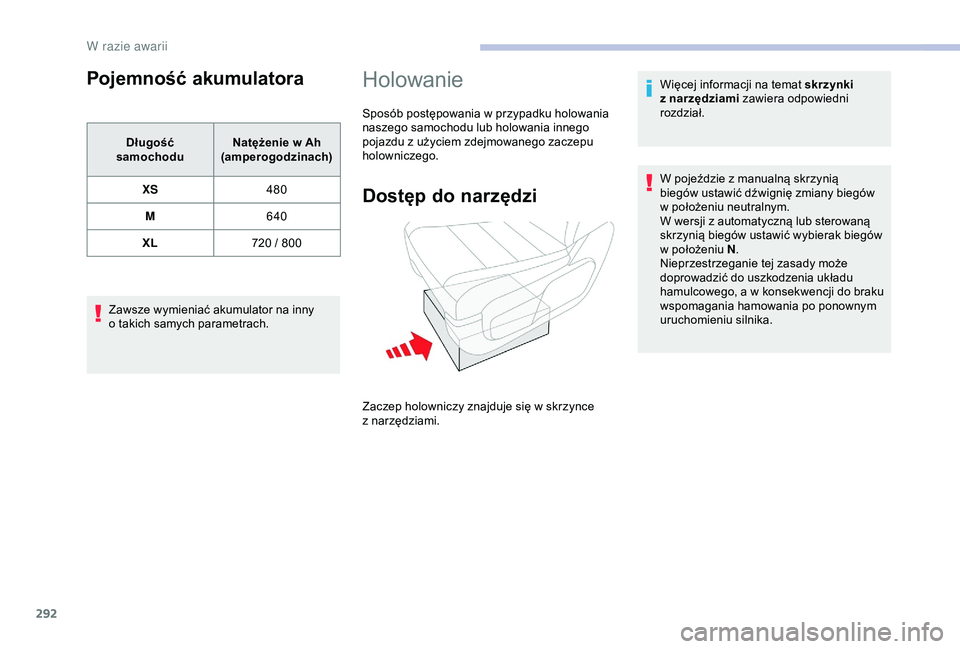 CITROEN JUMPER DISPATCH 2018  Instrukcja obsługi (in Polish) 292
Pojemność akumulatora
Długość 
samochodu Natężenie w
  Ah 
(amperogodzinach)
XS 480
M 640
XL 720 / 800
Zawsze wymieniać akumulator na inny 
o
 
takich samych parametrach.
Holowanie
Sposób