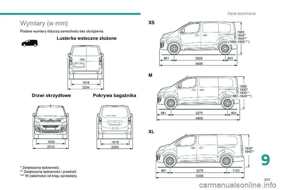 CITROEN JUMPER DISPATCH 2018  Instrukcja obsługi (in Polish) 301
Wymiary (w mm)
Podane wymiary dotyczą samochodu bez obciążenia.
Lusterka wsteczne złożone
Drzwi skrzydłowe Pokrywa bagażnika
* Zwiększona ładowność.
** Zwiększona ładowność i   prze