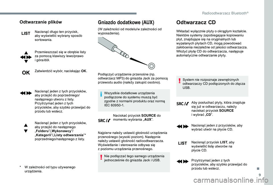 CITROEN JUMPER DISPATCH 2018  Instrukcja obsługi (in Polish) 9
Odtwarzanie plików
Nacisnąć długo ten przycisk, 
aby wyświetlić wybrany sposób 
sortowania.
Przemieszczać się w  obrębie listy 
za pomocą klawiszy lewo/prawo 
i
  góra/dół.
Zatwierdzi