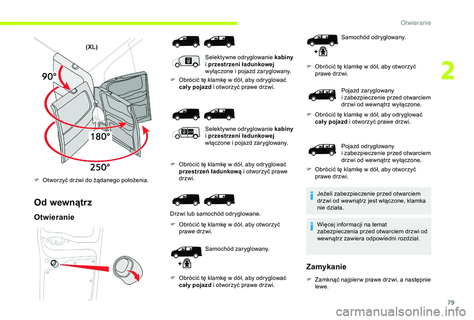 CITROEN JUMPER DISPATCH 2018 Instrukcja obsługi (in Polish) 79
Od wewnątrz
Otwieranie
Selektywne odryglowanie kabiny
i przestrzeni ładunkowej
wyłączone i
pojazd zaryglowany.
F
O
brócić tę klamkę w dół, aby odryglować
cał y pojazd i
o CITROEN JUMPER DISPATCH 2018 Instrukcja obsługi (in Polish) 79
Od wewnątrz
Otwieranie
Selektywne odryglowanie kabiny
i przestrzeni ładunkowej
wyłączone i
pojazd zaryglowany.
F
O
brócić tę klamkę w dół, aby odryglować
cał y pojazd i
o
