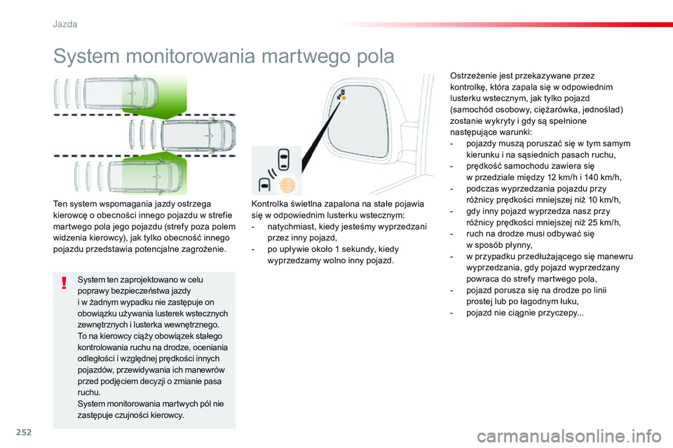 CITROEN JUMPER DISPATCH 2017 Instrukcja obsługi (in Polish) 252
Jumpy _pl_Chap06_conduite_ed01-2016
System monitorowania martwego pola
Kontrolka świetlna zapalona na stałe pojawia
się w odpowiednim lusterku wstecznym:
-
n
atychmiast, kiedy jesteśmy wypr CITROEN JUMPER DISPATCH 2017 Instrukcja obsługi (in Polish) 252
Jumpy _pl_Chap06_conduite_ed01-2016
System monitorowania martwego pola
Kontrolka świetlna zapalona na stałe pojawia
się w odpowiednim lusterku wstecznym:
-
n
atychmiast, kiedy jesteśmy wypr