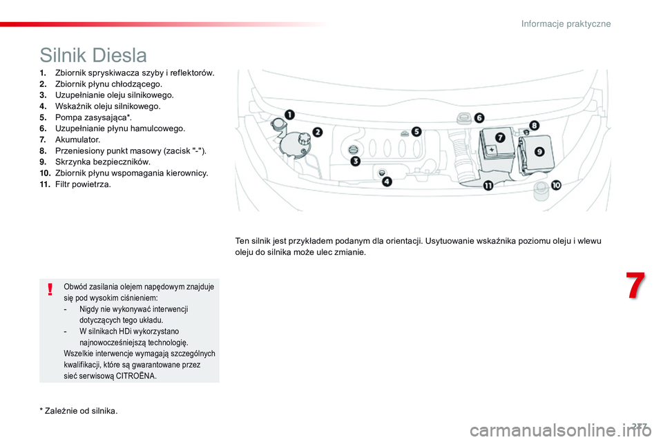 CITROEN JUMPER DISPATCH 2017  Instrukcja obsługi (in Polish) 277
Jumpy _pl_Chap07_info-pratiques_ed01-2016
* Zależnie od silnika.
Silnik Diesla
1. Zbiornik spryskiwacza szyby i  reflektorów.
2. Z biornik płynu chłodzącego.
3.
 U

zupełnianie oleju silniko
