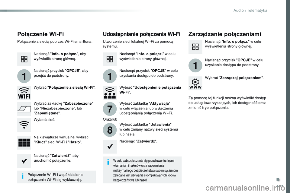 CITROEN JUMPER DISPATCH 2017 Instrukcja obsługi (in Polish) 437
11
1
7
8
Jumpy_pl_Chap10c_RCC-1_ed01-2016
Połączenie Wi-FiUdostępnianie połączenia Wi-FiZarządzanie połączeniami
W celu zabezpieczenia się przed ewentualnymi
włamaniami hakerów oraz za CITROEN JUMPER DISPATCH 2017 Instrukcja obsługi (in Polish) 437
11
1
7
8
Jumpy_pl_Chap10c_RCC-1_ed01-2016
Połączenie Wi-FiUdostępnianie połączenia Wi-FiZarządzanie połączeniami
W celu zabezpieczenia się przed ewentualnymi
włamaniami hakerów oraz za