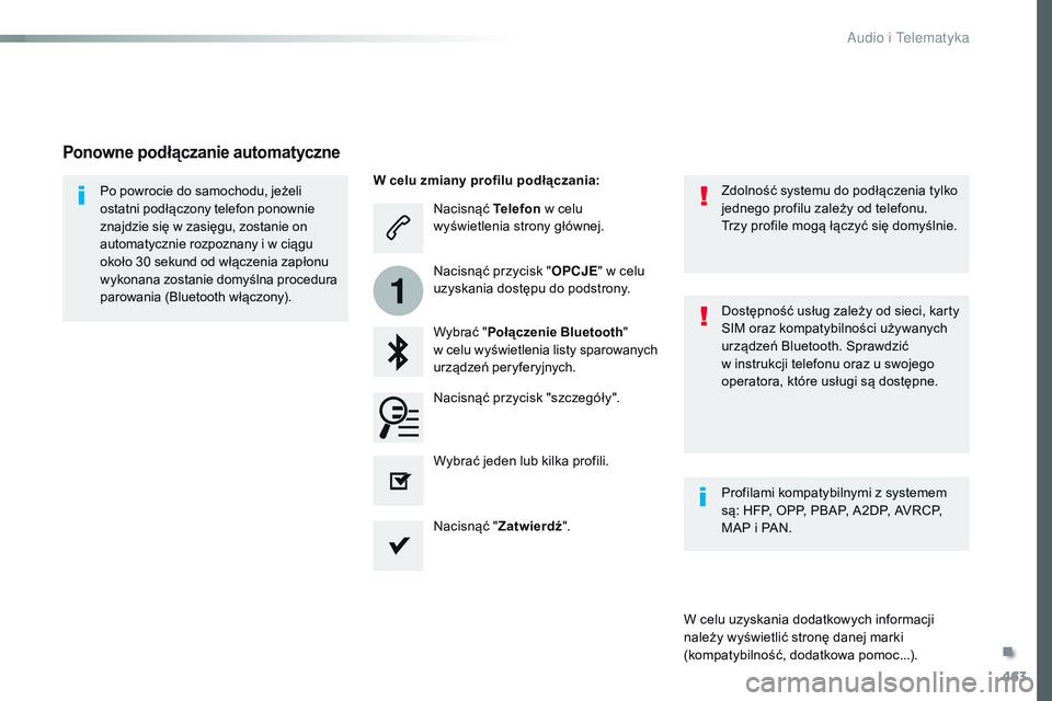CITROEN JUMPER DISPATCH 2017 Instrukcja obsługi (in Polish) 463
1
Jumpy_pl_Chap10c_RCC-1_ed01-2016
Nacisnąć Telefon w celu
wyświetlenia strony głównej.
Wybrać " Połączenie Bluetooth "
w
celu wyświetlenia listy sparowanych
urządzeń peryf CITROEN JUMPER DISPATCH 2017 Instrukcja obsługi (in Polish) 463
1
Jumpy_pl_Chap10c_RCC-1_ed01-2016
Nacisnąć Telefon w celu
wyświetlenia strony głównej.
Wybrać " Połączenie Bluetooth "
w
celu wyświetlenia listy sparowanych
urządzeń peryf