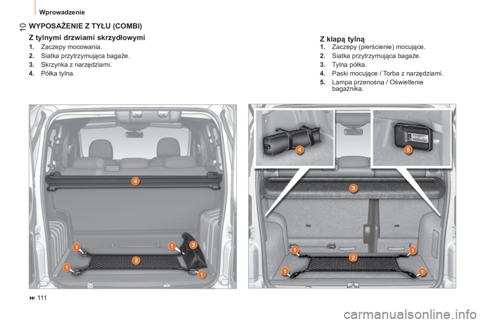 CITROEN NEMO 2014  Instrukcja obsługi (in Polish)  10
 
Wprowadzenie 
 
 
Z klapą tylną 
 
WYPOSAŻENIE Z TYŁU (COMBI) 
 
 
Z tylnymi drzwiami skrzydłowymi  
 
 
 
1. 
 Zaczepy mocowania. 
   
2. 
 Siatka przytrzymująca bagaże. 
   
3. 
  Skrzy
