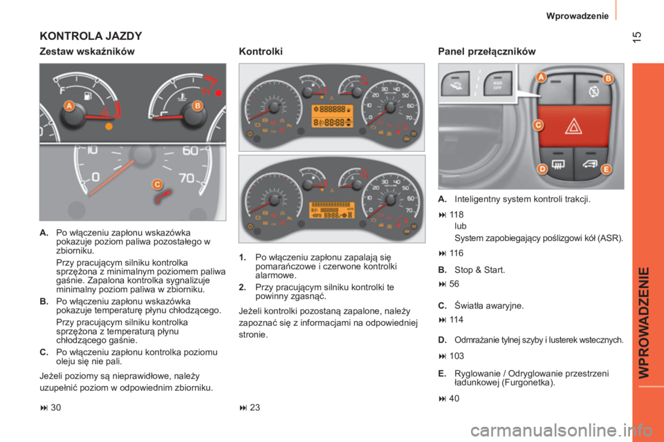 CITROEN NEMO 2014 Instrukcja obsługi (in Polish) 15
WPROWADZENIE
Wprowadzenie
KONTROLA JAZDY
Zestaw wskaźników
Panel przełączników
A.
Po włączeniu zapłonu wskazówka
pokazuje poziom paliwa pozostałego w
zbiorniku.
P CITROEN NEMO 2014 Instrukcja obsługi (in Polish) 15
WPROWADZENIE
Wprowadzenie
KONTROLA JAZDY
Zestaw wskaźników
Panel przełączników
A.
Po włączeniu zapłonu wskazówka
pokazuje poziom paliwa pozostałego w
zbiorniku.
P