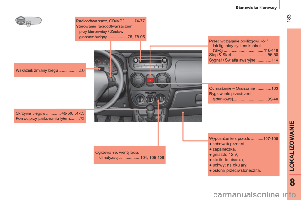 CITROEN NEMO 2014  Instrukcja obsługi (in Polish)  183
8
LOKALIZOWANIE
 
 
 
Stanowisko kierowcy  
 
   
Wyposażenie z przodu ...........107-108 
   
 
● 
 schowek  przedni, 
   
● 
 zapalniczka, 
   
● 
 gniazdo 12 V, 
   
● 
 stolik do pis