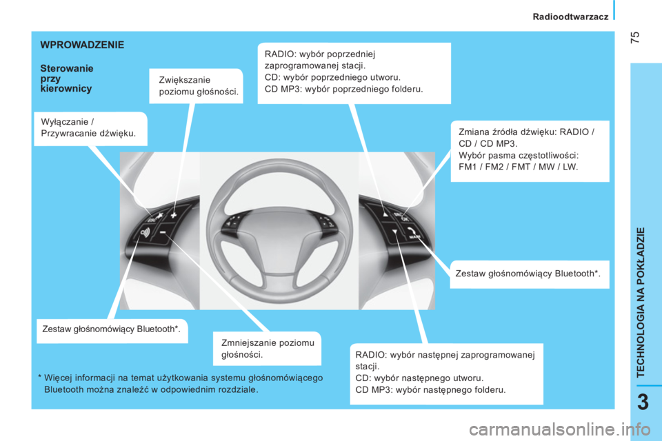 CITROEN NEMO 2014  Instrukcja obsługi (in Polish)  75
3
TECHNOLOGIA NA POKŁADZIE
 
 
 
Radioodtwarzacz  
 
 
WPROWADZENIE 
 
 
Sterowanie 
przy 
kierownicy 
   
Zwiększanie 
poziomu głośności.  
   
Wyłączanie / 
Przywracanie dźwięku.  
   
