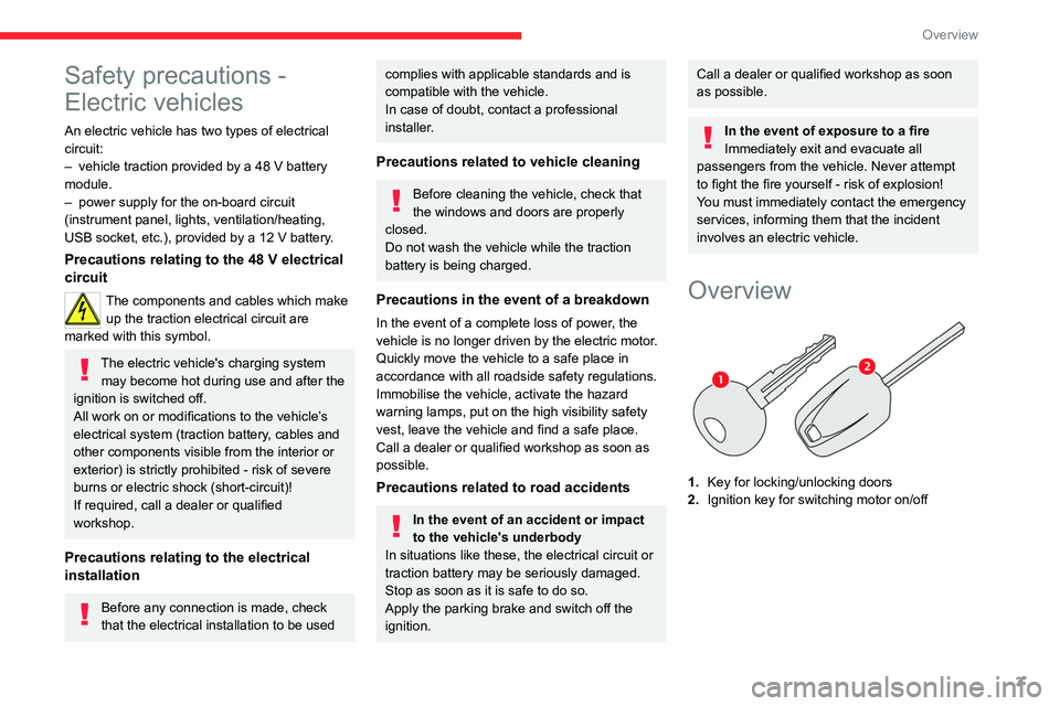 CITROEN AMI 2023  Owners Manual 3
Overview
Safety precautions - 
Electric vehicles
An electric vehicle has two types of electrical 
circuit:
–
 vehicle traction provided by a 48 V battery 
module.
–
 power supply for the on-boar