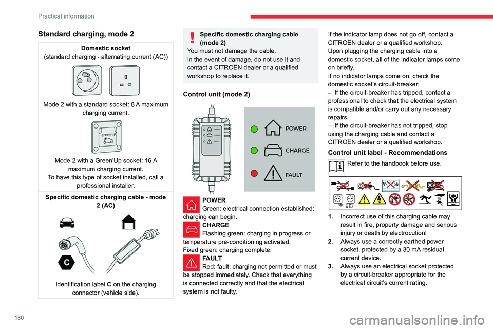 CITROEN BERLINGO 2023 Owners Manual 180
Practical information
Standard charging, mode 2
Domestic socket
(standard charging - alternating current (AC))
Mode 2 with a standard socket: 8 A maximum
charging current.
Mode 2 with a CITROEN BERLINGO 2023 Owners Manual 180
Practical information
Standard charging, mode 2
Domestic socket
(standard charging - alternating current (AC))
Mode 2 with a standard socket: 8 A maximum
charging current.
Mode 2 with a