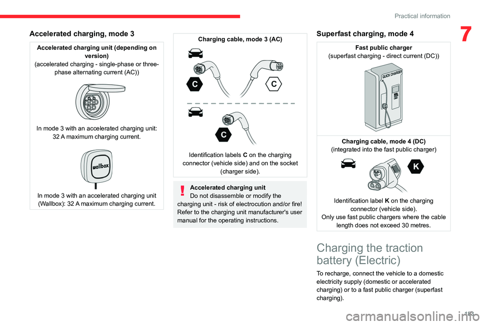 CITROEN BERLINGO VAN 2022 Owners Manual 183
Practical information
7Accelerated charging, mode 3
Accelerated charging unit (depending on version)
(accelerated charging - single-phase or three- phase alternating current (AC))
In mode 3 wi CITROEN BERLINGO VAN 2022 Owners Manual 183
Practical information
7Accelerated charging, mode 3
Accelerated charging unit (depending on version)
(accelerated charging - single-phase or three- phase alternating current (AC))
In mode 3 wi