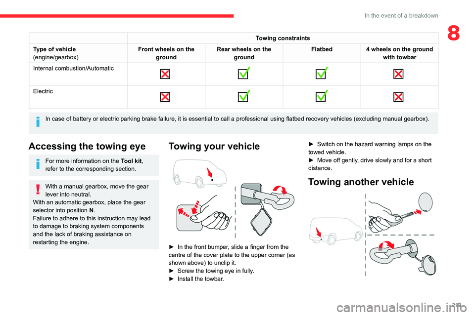 CITROEN BERLINGO VAN 2022 Owners Manual 219
In the event of a breakdown
8Towing constraints
Type of vehicle
(engine/gearbox) Front wheels on the
ground Rear wheels on the
ground Flatbed
4 wheels on the ground
with towbar
Internal combust CITROEN BERLINGO VAN 2022 Owners Manual 219
In the event of a breakdown
8Towing constraints
Type of vehicle
(engine/gearbox) Front wheels on the
ground Rear wheels on the
ground Flatbed
4 wheels on the ground
with towbar
Internal combust